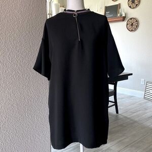 Zara Basic Black Shirt Dress Silver Zipper Pockets Short Sleeves S Oversize Boho
